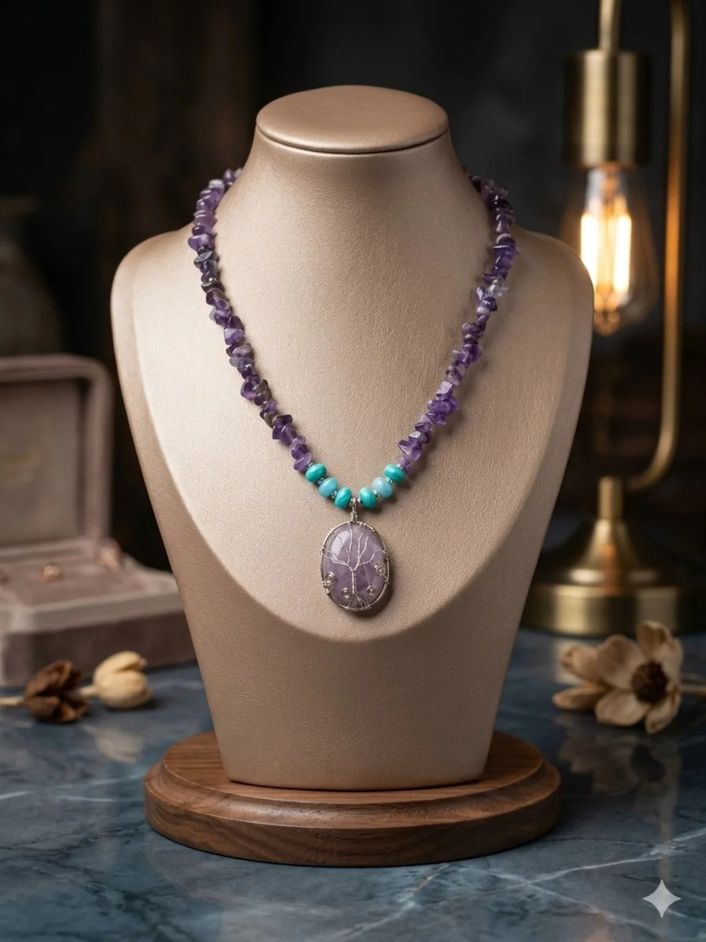Hand Craft Amethyst & Turquoise Pendant Necklace - Women Jewelry